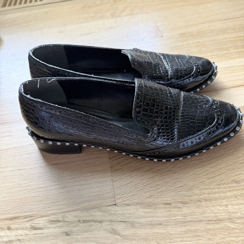 Adriana Papell Paloma Slip On Loafers Black Croc Embossed Leather Sz 8